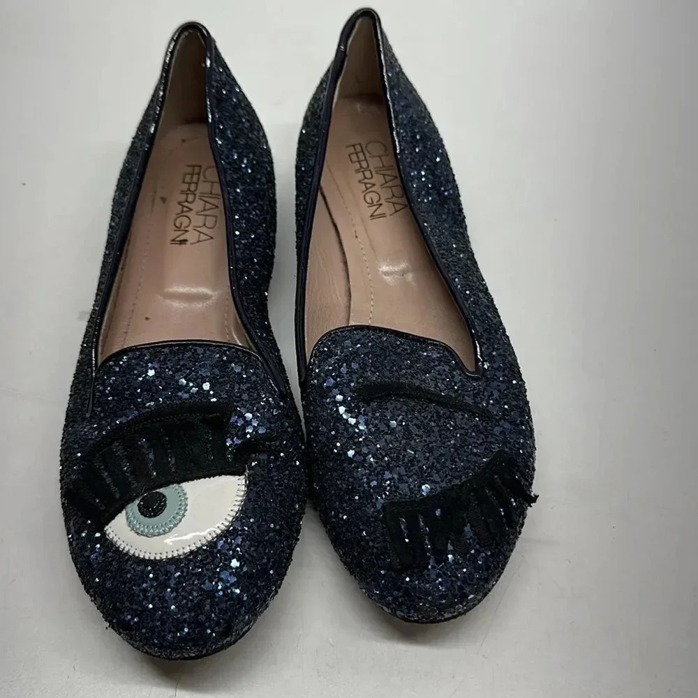 Chiara Ferragni Glitter Ballet Flats Shoes Wink Evil Eye Navy Blue Size 36 6